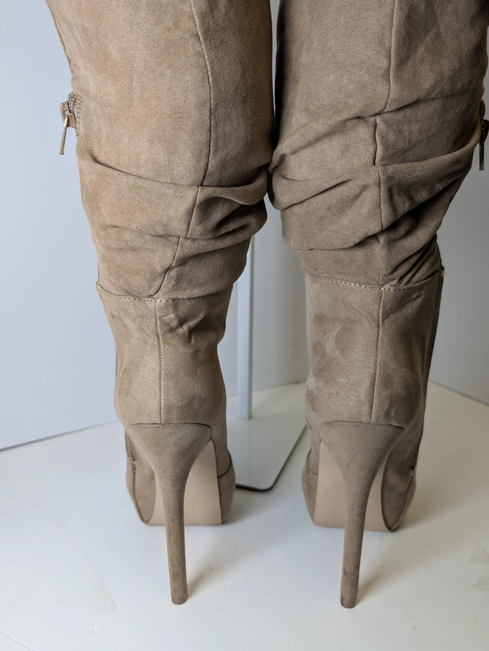 JustFab Taupe Slouch Over-the-Knee Heeled Boots
